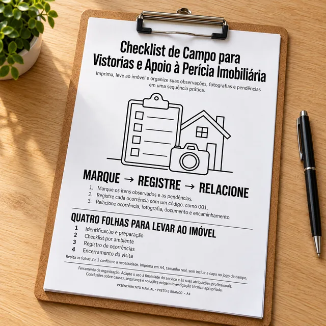 Checklist de campo impresso em uma prancheta de madeira sobre a mesa