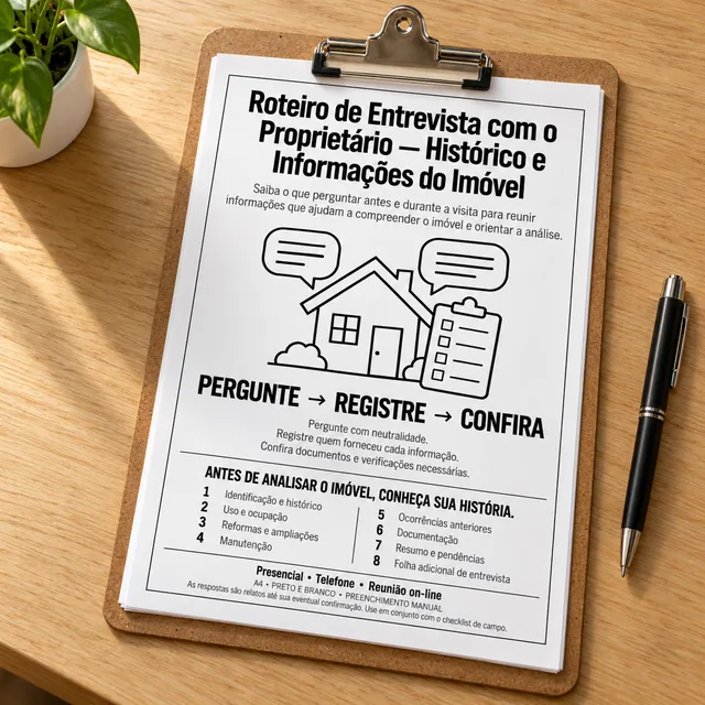 Roteiro de entrevista com o proprietário impresso em uma prancheta de madeira