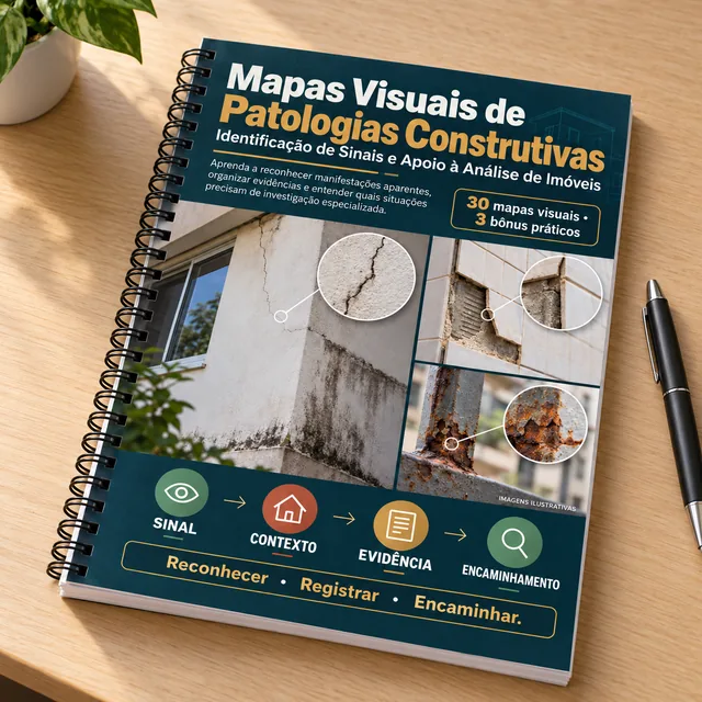 Apostila visual de patologias construtivas sobre uma mesa de madeira, ao lado de uma caneta